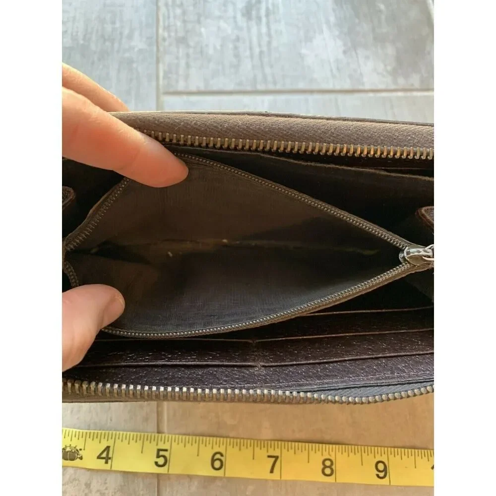 GUCCI GG Canvas Leather Zip Around Long Clutch Wallet Brown Designer - Picture 8 of 12